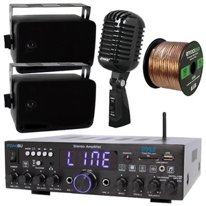 Pyle PDA4BU Bluetooth Stereo Receiver, 2x 3.5'' Black Speakers, Retro Mic, Wire - Picture 1 of 5