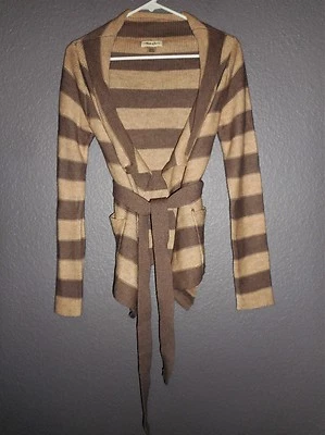 Belle Du Jour  Open Front Beige Striped Cardigan Sweater, Women Sz Medium Foto 1 de 4
