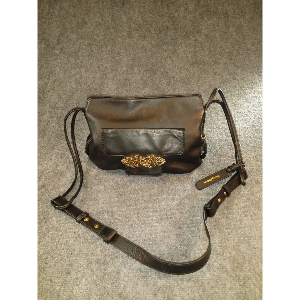 Tommy Bahama Crossbody Bag Black Leather Embroidered Gold Tone Embellish Boho - Image 1 of 4