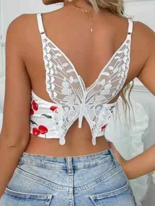 NEW Small. Red Cherry Crop Top Poly Knit Open Neck. HUGE White BUTTERFLY On Back - Picture 1 of 5