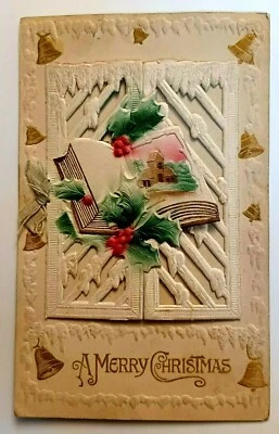 Mechanical Diecut Embossed Add-On Holly Book Merry Christmas UNP DB Postcard C4 - Image 1 of 4