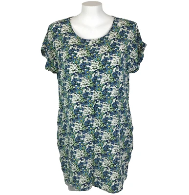 Caroline Morgan Dress Blue Size 20 Green White Floral Shift Extension Sleeve - image 1 of 4