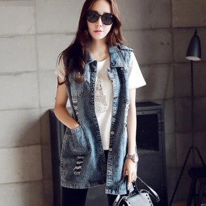 NEW Woman Girl Sleeveless Ripped Holes Jeans Denim Long Vest Tops Big Pockets - Picture 1 of 10
