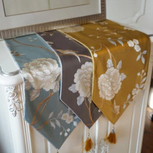 1pc Chinesischer Stil Tischläufer Tuch Quaste Blumen Stickerei Tischdecke Dekor - Bild 1 von 12