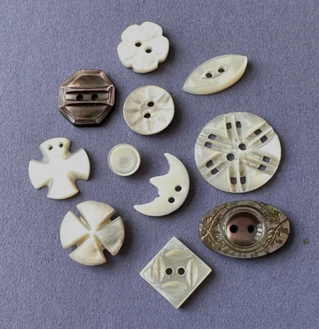 Vintage Mother of Pearl Buttons Etched, Carved, Pierced, Double Cut, Man in Moon Cover