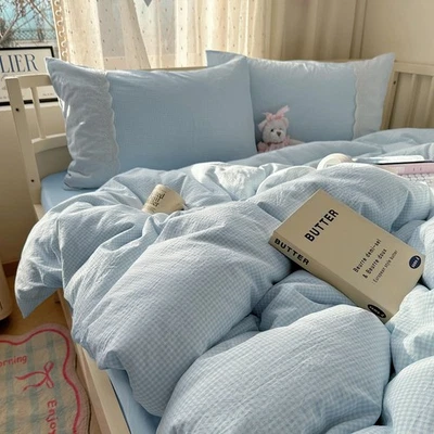 Blue Gingham Duvet Cover Full Size - 3 Piece Cottagecore Plaid Bedding Set wi... - Image 1 of 4