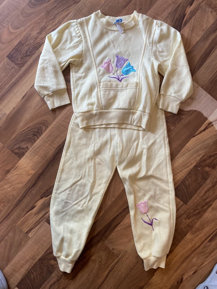 Conjunto de traje de sudor vintage años 80 90 niñas joggles amarillo con tulipanes de colores talla 6 Foto 1 de 1