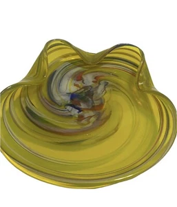 Yellow Art Glass Ash Tray Fluted Edges Swirled Blue With Red Trinket Candy Dish - Picture 1 of 9