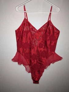 Victorias Secret Vtg Teddy Lingerie Large Red Laceup Snap V-Neck Ruffle Bodysuit - Picture 1 of 5