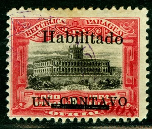 PARAGUAY  1908 Governmental Palace -HABILITADO- Sc#171 "1908"misplaced at bottom - Picture 1 of 2