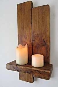 55CM RUSTIC CHUNKY PLANK WOOD WALL SCONCE / SHELF TWIN LED CANDLE HOLDER - Picture 1 of 9
