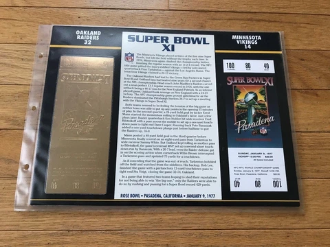 Super Bowl 11 Raiders vs. Vikings 22kt Gold Ticket Panel - Willabee Ward (NEW) Cover