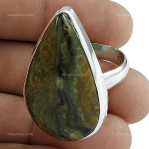 Natural Ocean Jasper Solid Silver Wedding Cocktail Bezel Statement Ring Jewelry - Picture 1 of 10