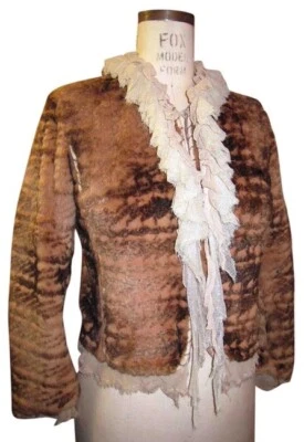 Chaqueta corta Elie Tahari marrón rosa piel de conejo real, cuello de encaje desmontable XS Foto 1 de 4