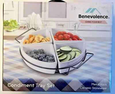 Ceramic Stoneware 5-pc Condiment & Snack tray Set w/ Metal Rack Dishwasher Safe - Image 1 of 4