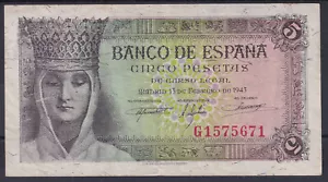 BILLETE ESPAÑA 5 PESETAS 1943 ISABEL LA CATÓLICA - SERIE G - EBC- - Imagen 1 de 2