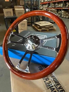 15 Inch Chrome Aftermarket Steering with Dark Wood Mahogany Grip 3-Spoke - Picture 1 of 11