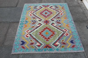 Kilim Vintage Traditionnel Fait Main Oriental Gris Bleu Laine Kilim 147x103cm - Bild 1 von 12