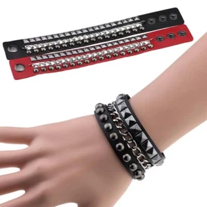 Multilayers Punk Spikes Rivet Adjustable Wristband Bangle Leather Bracelet Chain - Picture 1 of 8