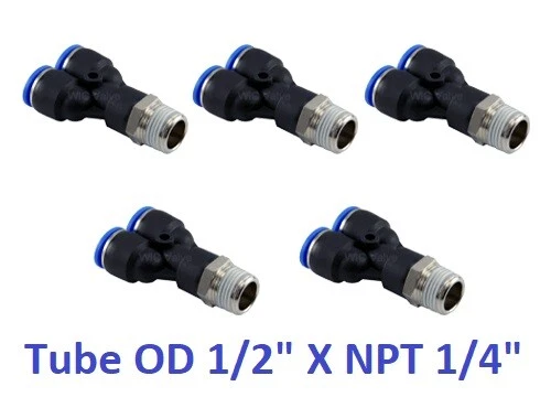 Pneumatic Y Connector Tube OD 1/2" X NPT 1/4" Push In Air Hose Fitting 5 Pieces - Image 1 of 1