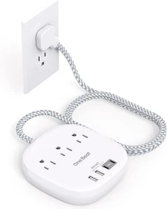 Flat Plug Power Strip, 5ft Ultra Flat Extension Cord - 3 Outlets 4 USB Ports (2 - Picture 1 of 7
