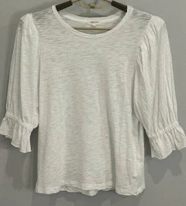 Goldie Damen 3/4 geraffte Ärmel weiß Pima Baumwolle Slub Shirt Größe L - Bild 1 von 7