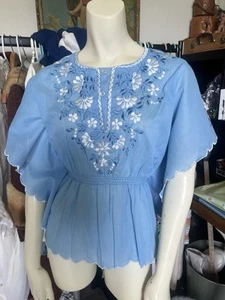 Vtg Embroidered Peasant Top Butterfly Sleeve Floral Baby Blue Philippines S/M - Picture 1 of 15