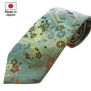 Japanese Kimono Fabric Necktie Floral Allover Green Hanazukushi Handmade Japan - Picture 1 of 9