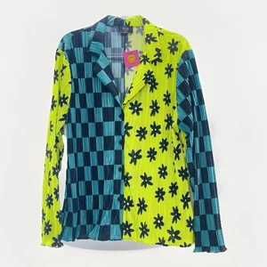 Dressed in Lala Retro Dream Half Teal Kiwi Plisse Button Down TOP ONLY Size XL - Bild 1 von 14