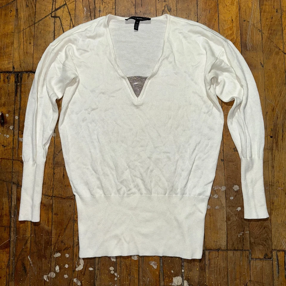 Suéter para mujer White House Black Market XS marfil acanalado dobladillo cuello en V Foto 1 de 4