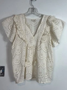 Nicole Miller Artelier Cream Eyelet Lace Ruffle Flutter Sleeves Top Small Boho - Picture 1 of 8