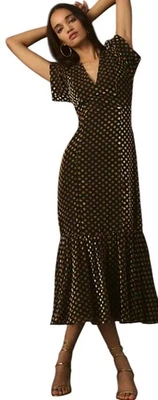 Anthropologie Rhode Black Gold Velvet Dot Midi Dress Puff Sleeve Holiday Goth 4 - Image 1 of 4