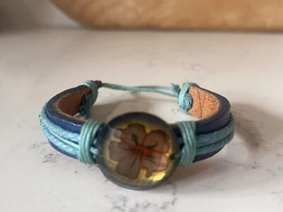 Ayahuasca Flower Handcrafted Leather Cuff Blue And Teal With Cool Effect Adjust - Image 1 of 4