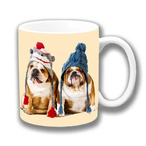 Tazza da caffè Bulldog inglese cuccioli 10 oz ceramica che indossa cappelli di lana lavorati a maglia foto - Foto 1 di 1