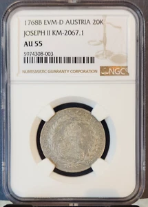 1768 AUSTRIA SILVER 20 KREUZER 20K JOSEPH II NGC AU 55 GREAT LOOKING TOP POP - Picture 1 of 3