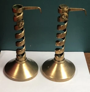 Vintage Pair Spiral Brass 8.5" Tall Adjustable Corkscew Courting Candle Holders - Picture 1 of 14