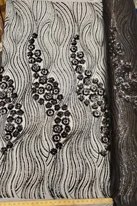 Black Floral Sequin Embroidery on Mesh Prom Sequin Fabric "Luxury Wavy Sequins"  - Picture 1 of 10