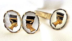 Pharoah Under Glass Cufflinks Tie Bar Clip Set Nefertiti Egyptian Revival - Picture 1 of 5