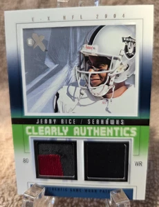 2004 E-X Clearly Authentics Game Worn Dual Patch Tan #CA-JR Jerry Rice 16/22 - Picture 1 of 2