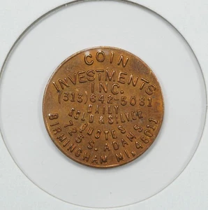 Coin Investments Inc Birmingham MI Münzhändler Werbemedaille - Bild 1 von 2