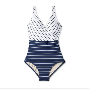 Costume intero Kona Sol blu navy a righe scollo a V completo - Taglia Large - Foto 1 di 2