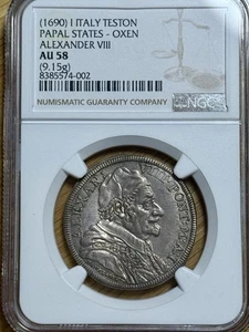 1690 Italien Kirchenstaat Silber Testone, Alexander VIII., NGC AU-58 - Bild 1 von 10