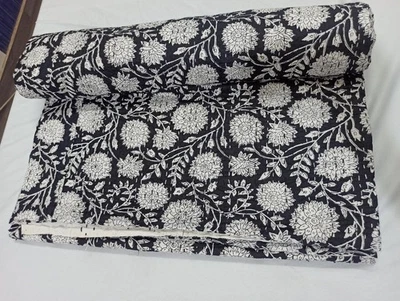 Black King Indian Handmade Throw Kantha Quilt Floral Hand Block Print Bedspread - Image 1 of 4