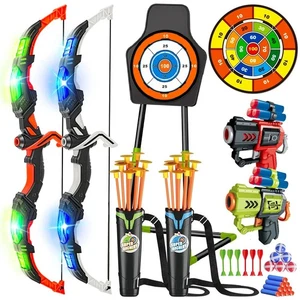 VATOS 2X Arco y Flecha + Juego de Pistolas de Juguete - Luz LED, Objetivo, Dardos de Succión - Imagen 1 de 6