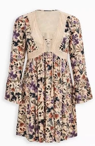 Torrid Cream Floral Gauze Lace-Up Skater Dress Bell Sleeves Size 4 4X 100% Rayon - Picture 1 of 8