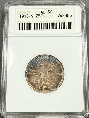 1918-S Standing Liberty Quarter 25c - ANACS AU50 -Blue Toned Old Soapbox Holder - Image 1 of 2