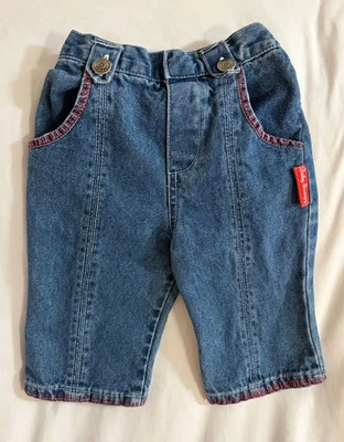 Pantalones de mezclilla vintage Baby Snoopy Peanuts 3-6M bolsillos en el corazón costuras rojas Foto 1 de 4