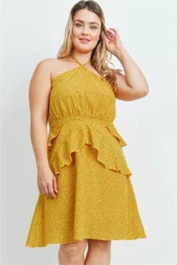 Robe de soirée femme grande taille jaune moutarde péplum 2XL col montant - Photo 1/2