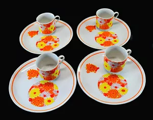 SET/FOUR MIDCENTURY FLOWER POWER RETRO CHINA SNACK/LUNCHEON SET- SWEET! - Picture 1 of 12