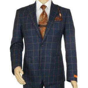Men TALLIA Suit Wool Blend English Plaid Classic 2Button VDVA2SVX0013 Blue Brown - Picture 1 of 12